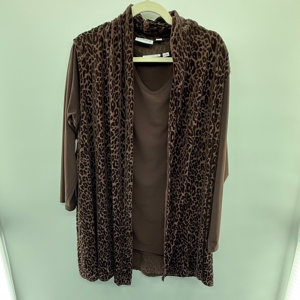 Susan Graver 2X‎ Brown Leopard Velvet Vest & Knit Top Set Fall Winter Outfit